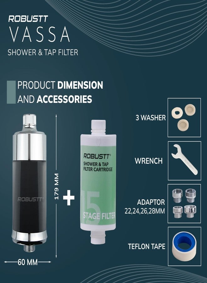 Robustt Vassa 15 Stage Shower/Tap Filter & Water Softener for Home (Black) | Reduces Hair Fall, Skin Dryness & Limescale| Hard Water Filter For Tap, Shower, Handshower| Includes Kit & Manual - Image 5